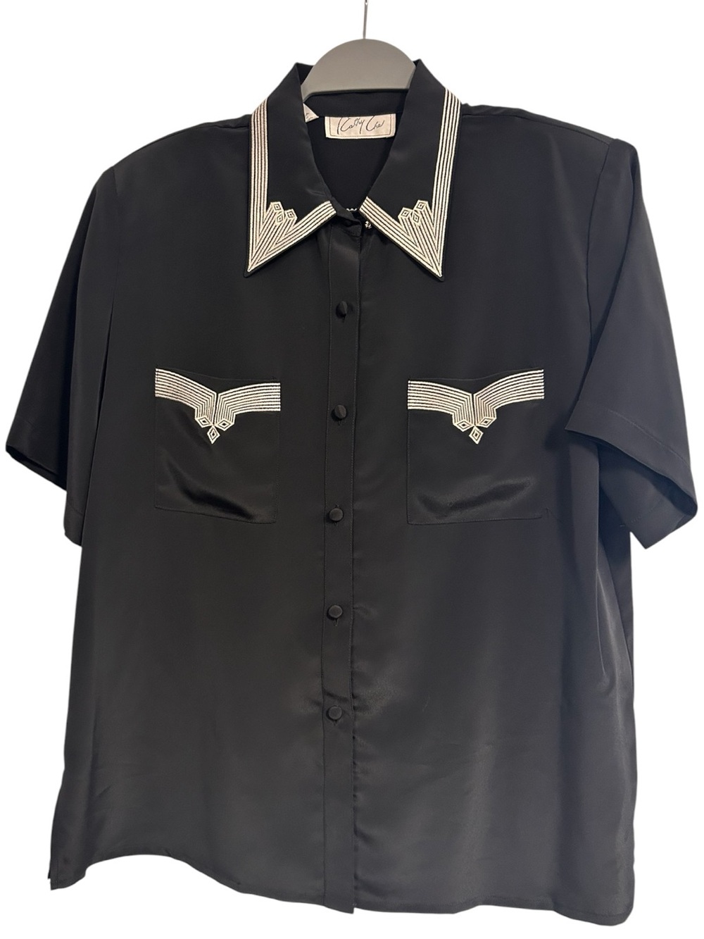 Kathy Che Vintage 80s Black Short-Sleeve Shirt Art Deco Satin Style Size 14